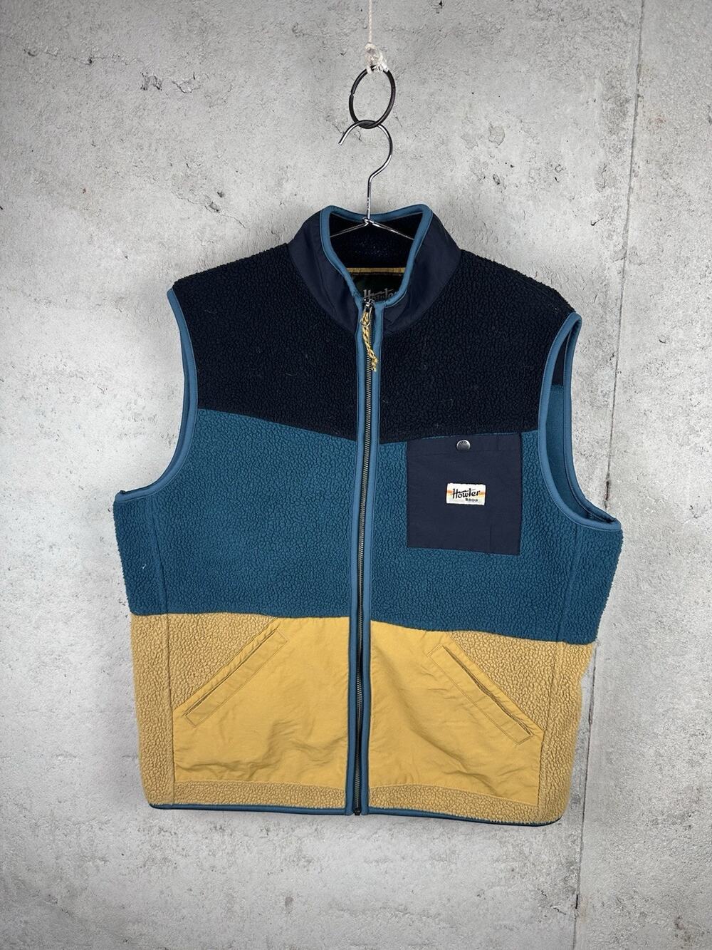 Howler Bros Sherpa Fleece Full Zip Blue & Yellow Vest Sz Large Heed The Call